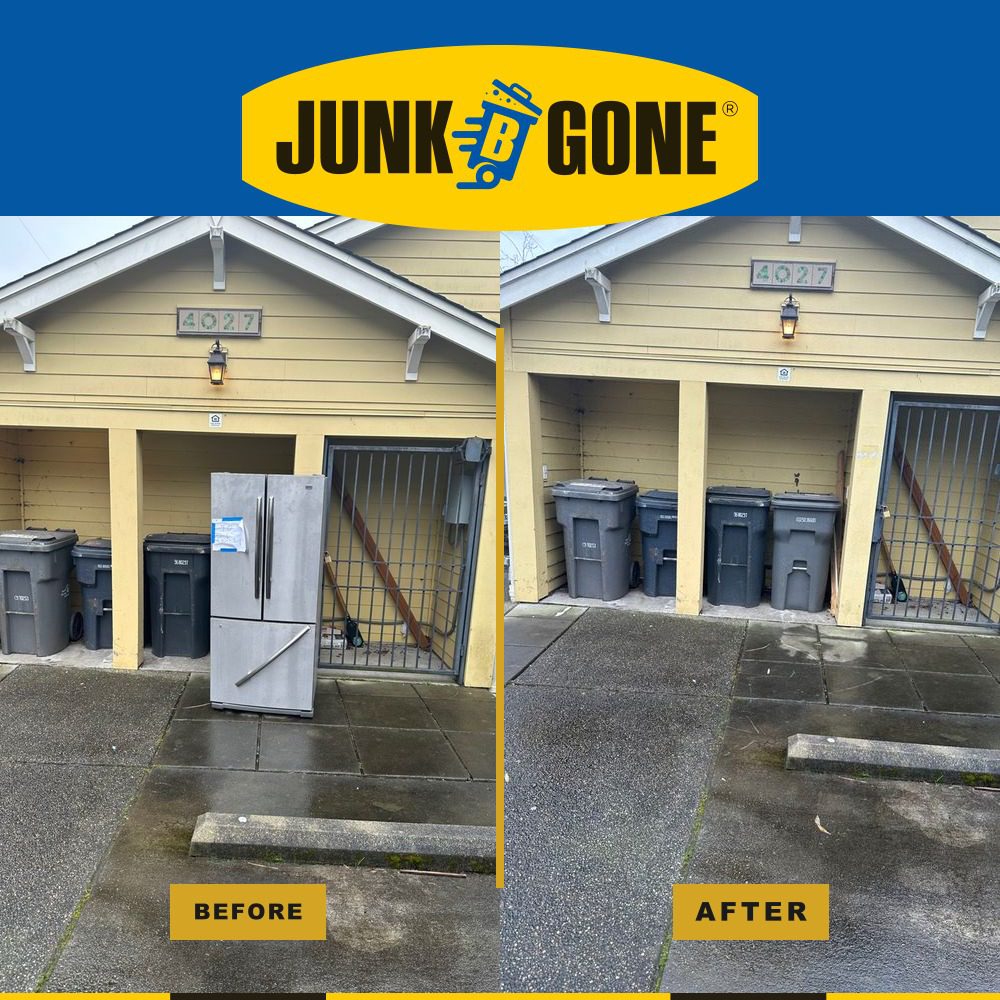 Junk B Gone crew removing a refrigerator from a Seattle carport — before and after