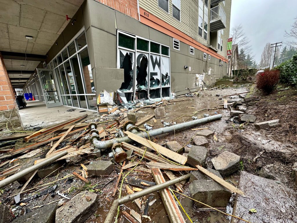 Cleanup of Overlake clinic in Bellevue after car crash, February 6, 2024