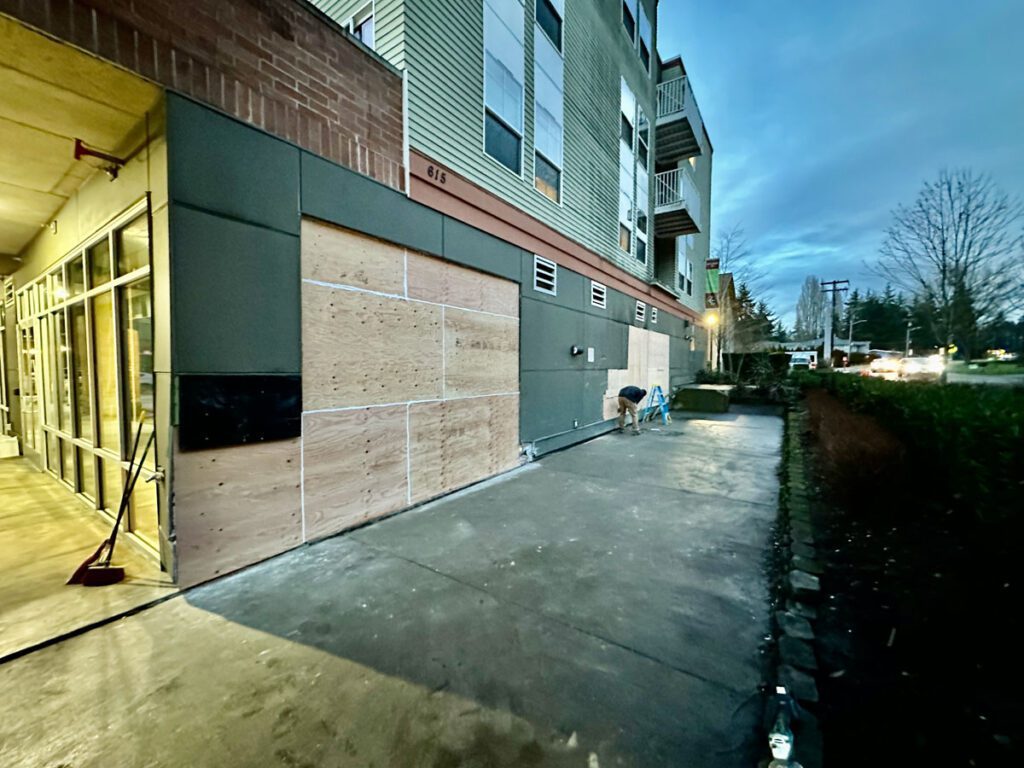 Boarded up Overlake clinic after Junk B Gone cleanup