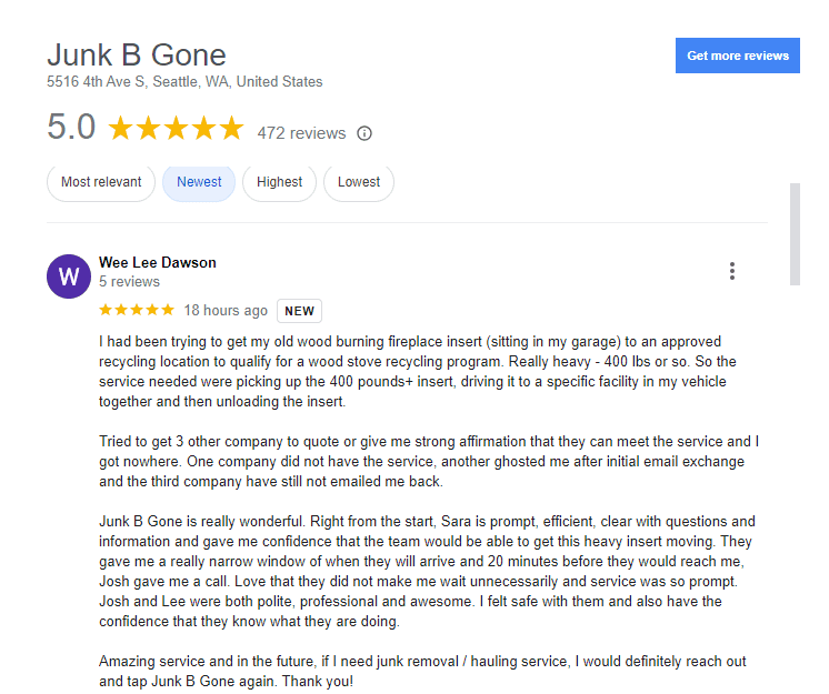 Google review for Junk B Gone fireplace insert removal