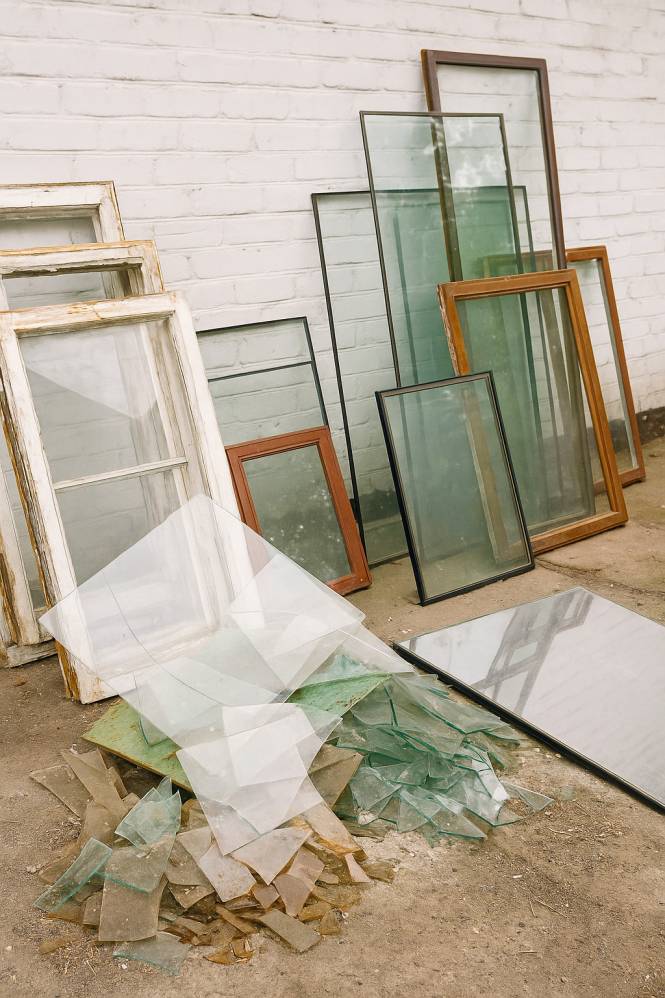 Old window glass ready for disposal