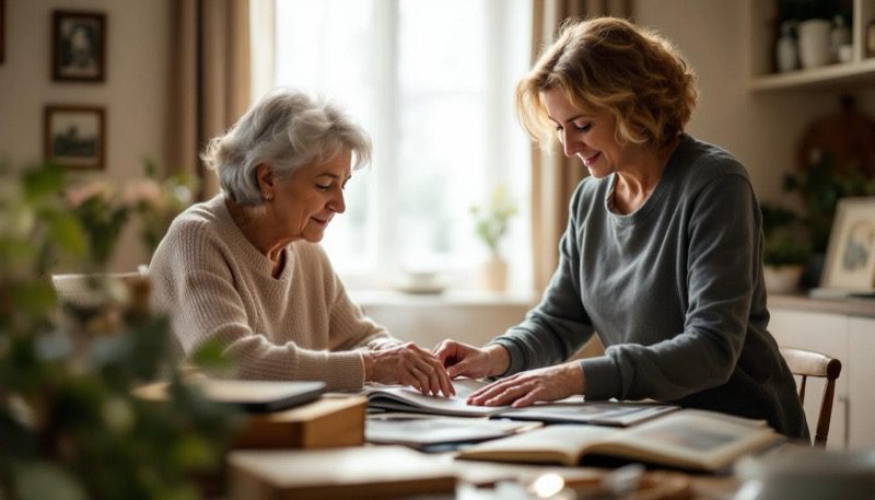 Family member and estate professional carefully sorting through keepsakes and photo albums