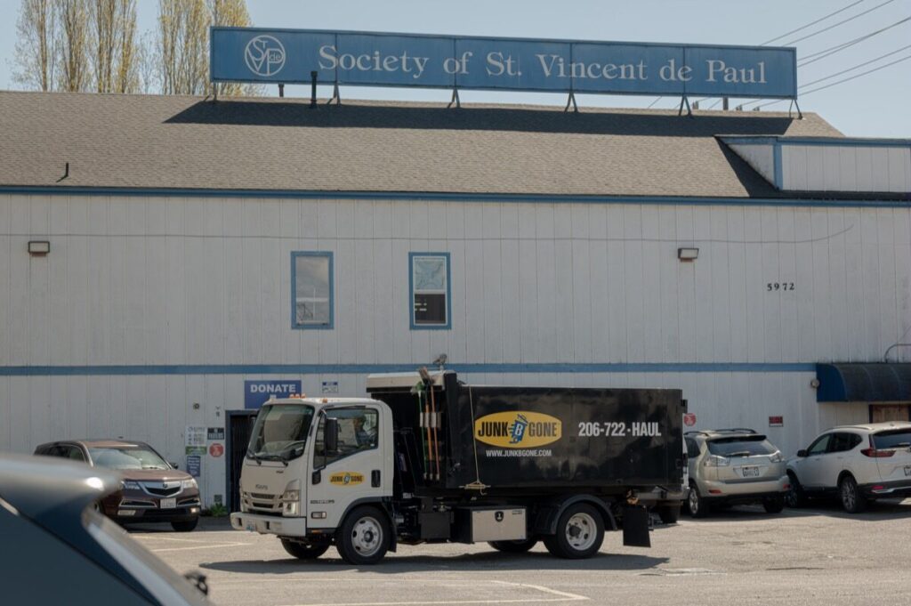 Junk B Gone truck at Society of St. Vincent de Paul donation center — Seattle donation pickup