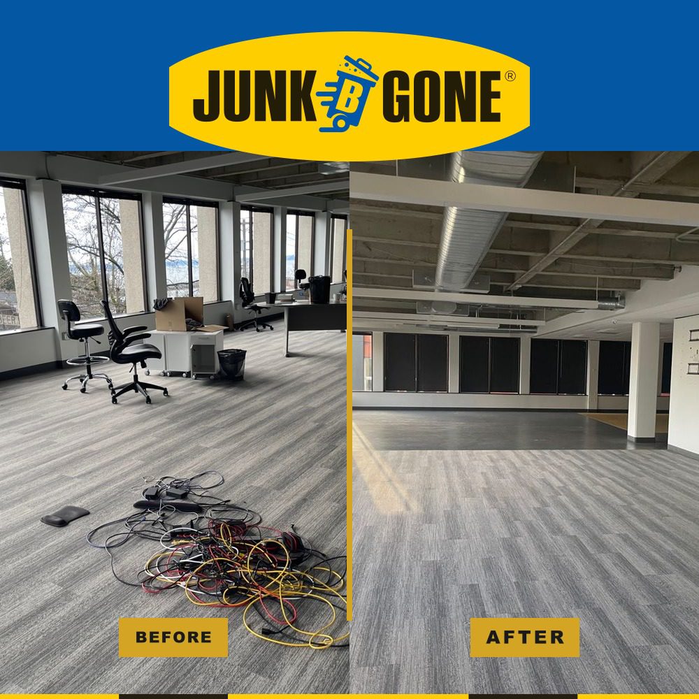 Open-plan office cleanout in Seattle - Junk B Gone cleared workstations, chairs, and cabling from an office floor for move-out