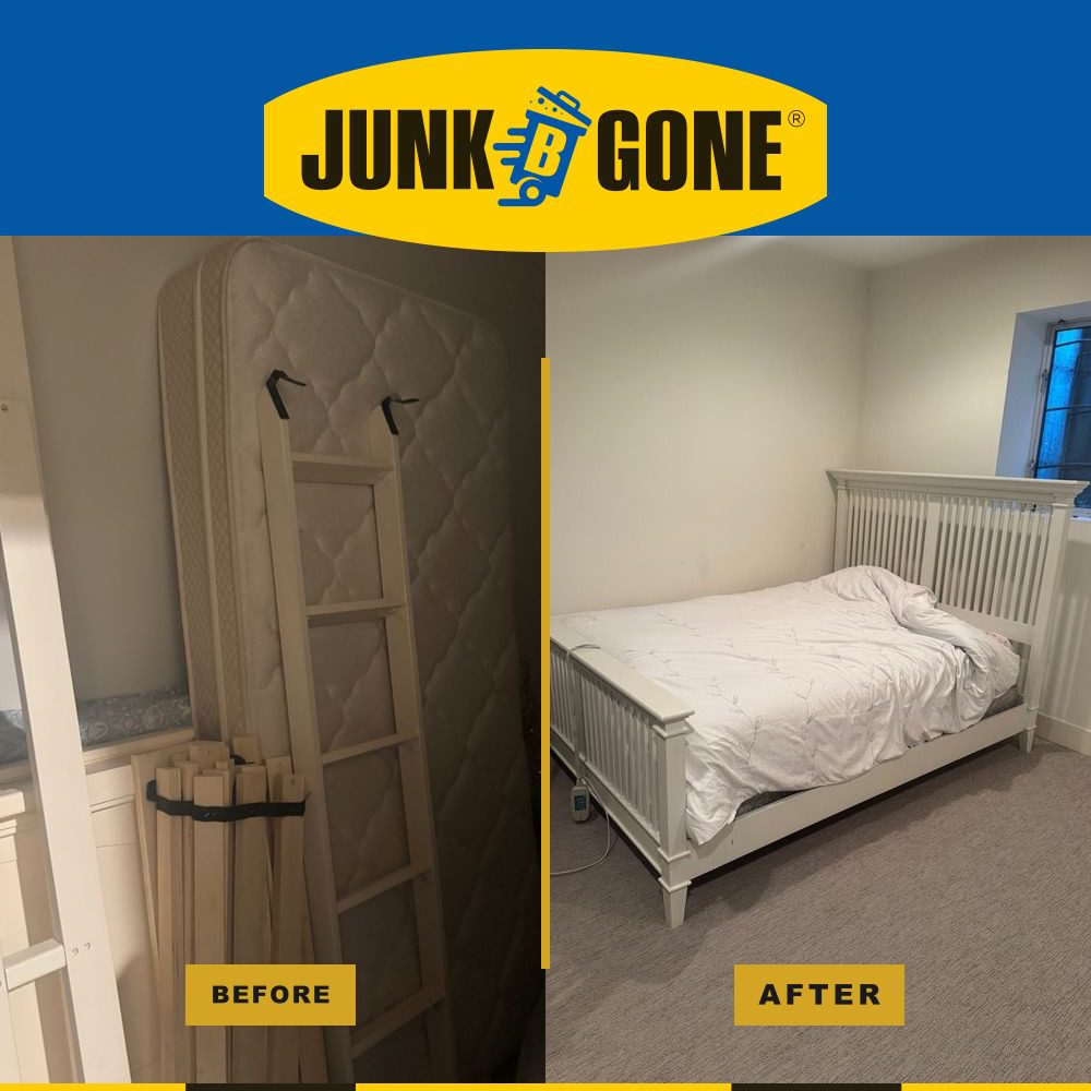 A second Seattle bedroom before and after a Junk B Gone cleanout, a neatly made bed in a clean calm room