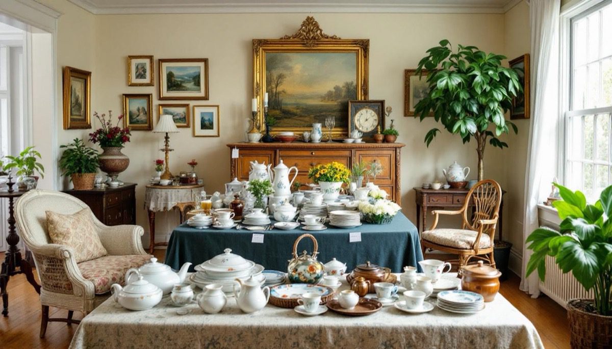 Estate sale with vintage china, antiques, and furniture displayed for auction