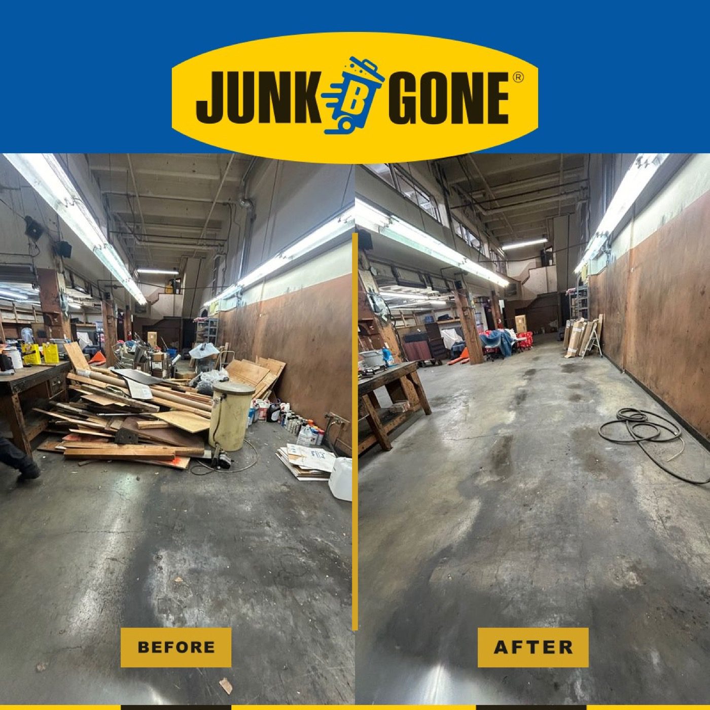 Before and after of a Seattle industrial shop floor cleanout by Junk B Gone — lumber debris cleared to swept bare concrete