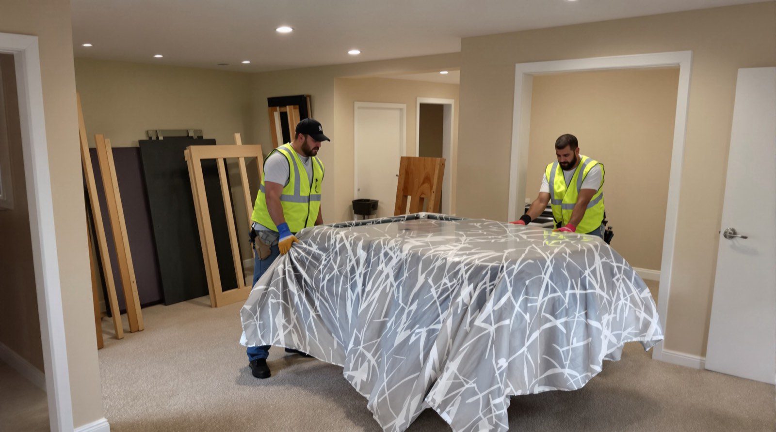 Junk B Gone crew carrying disassembled pool table out of finished Seattle basement