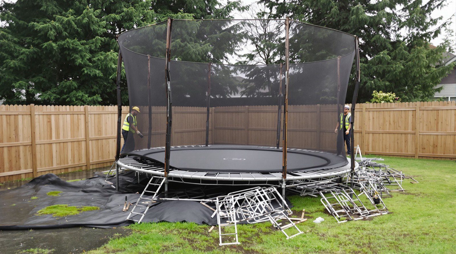 Junk B Gone crew breaking down rusted backyard trampoline in Seattle yard