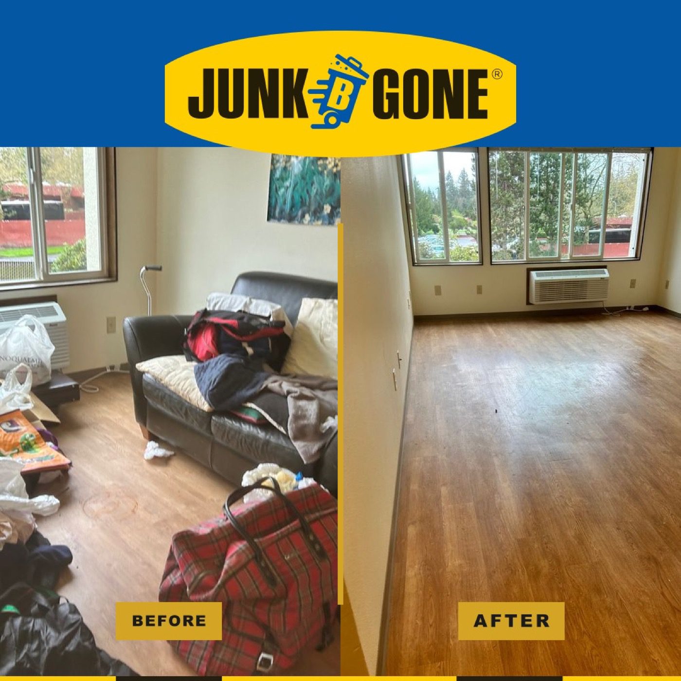 Before and after of a Seattle apartment turnover cleared and ready to re-rent by Junk B Gone